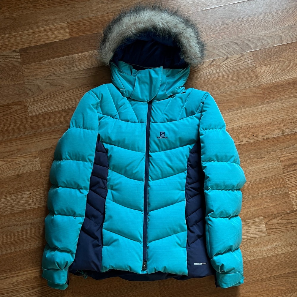 Medium Salomon Icetown Women's Down Ski Jacket Turquoise Navy Blue - Picture 1 of 8
